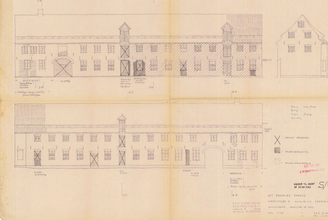 Arkitekttegning af Det Bruunske Pakhus med bygningens facader, porte og vinduer