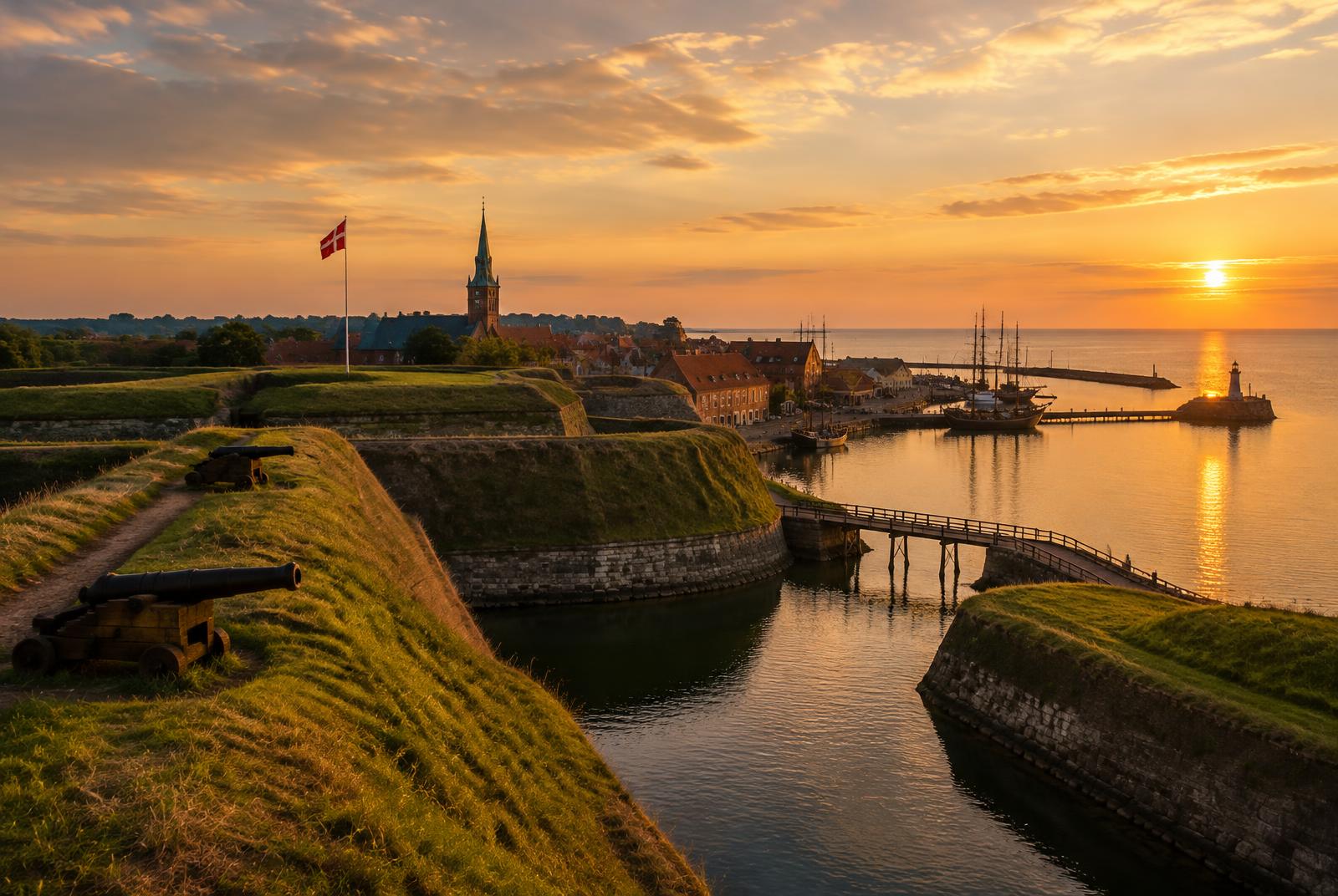 Fredericias volde ved solnedgang